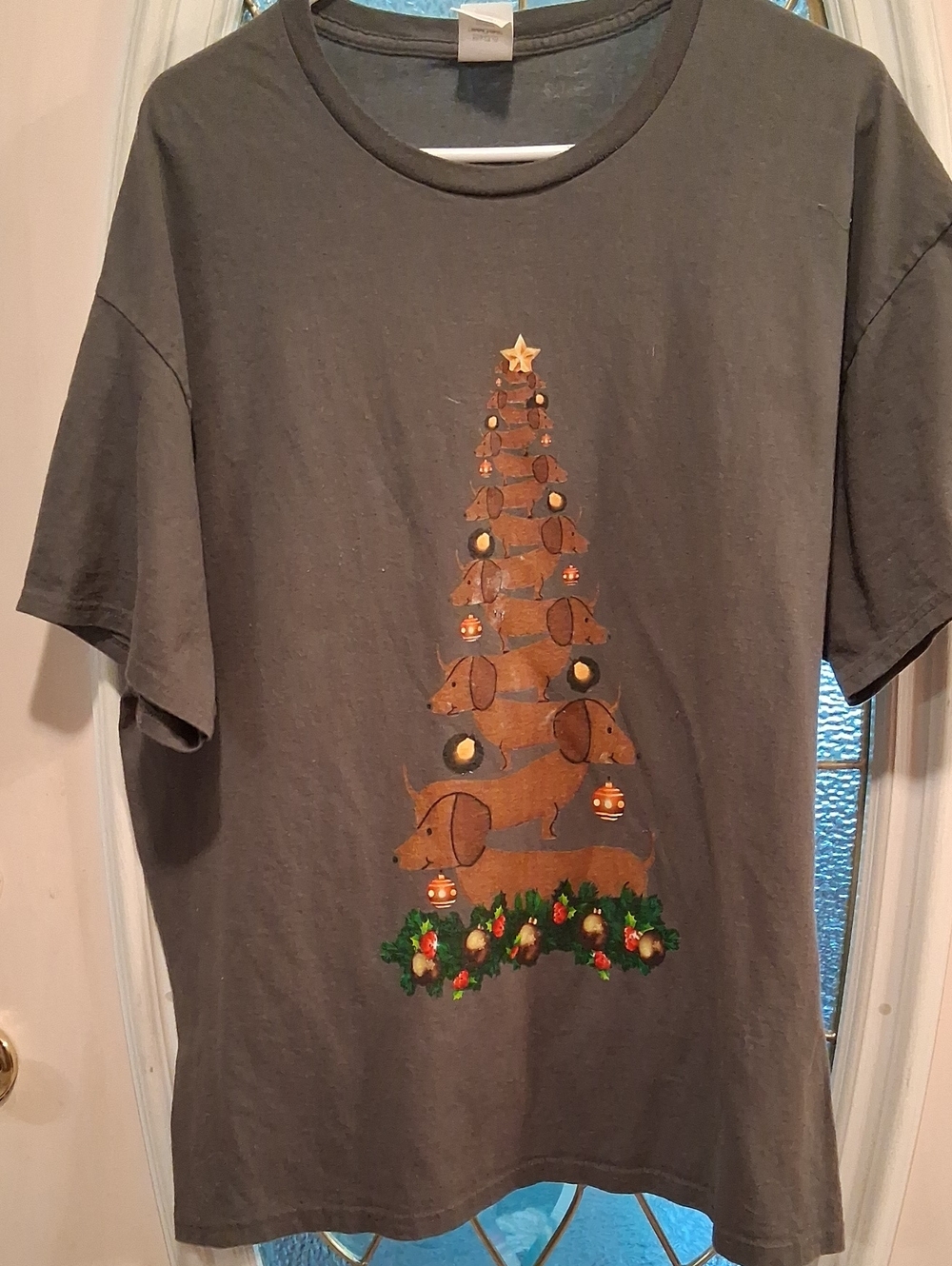 Womens Grey Dachshund Christmas Tree T-Shirt